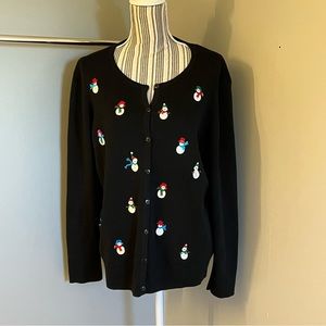Ambra Womens Black Colorful Snowman Christmas Cardigan Button Up Sweater Size XL